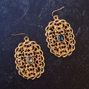 Ornate Filigree Drop Earrings With Blue Crystal